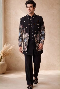 Black Japanese Embroidery Mens Wedding Indo Western