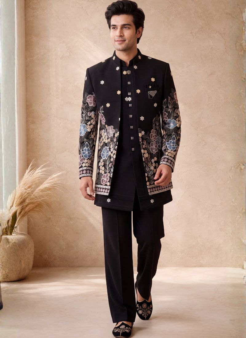 Black Japanese Embroidery Mens Wedding Indo Western