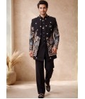 Black Japanese Embroidery Mens Wedding Indo Western