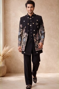 Black Japanese Embroidery Mens Wedding Indo Western