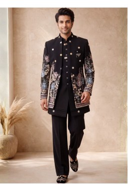 Black Japanese Embroidery Mens Wedding Indo Western
