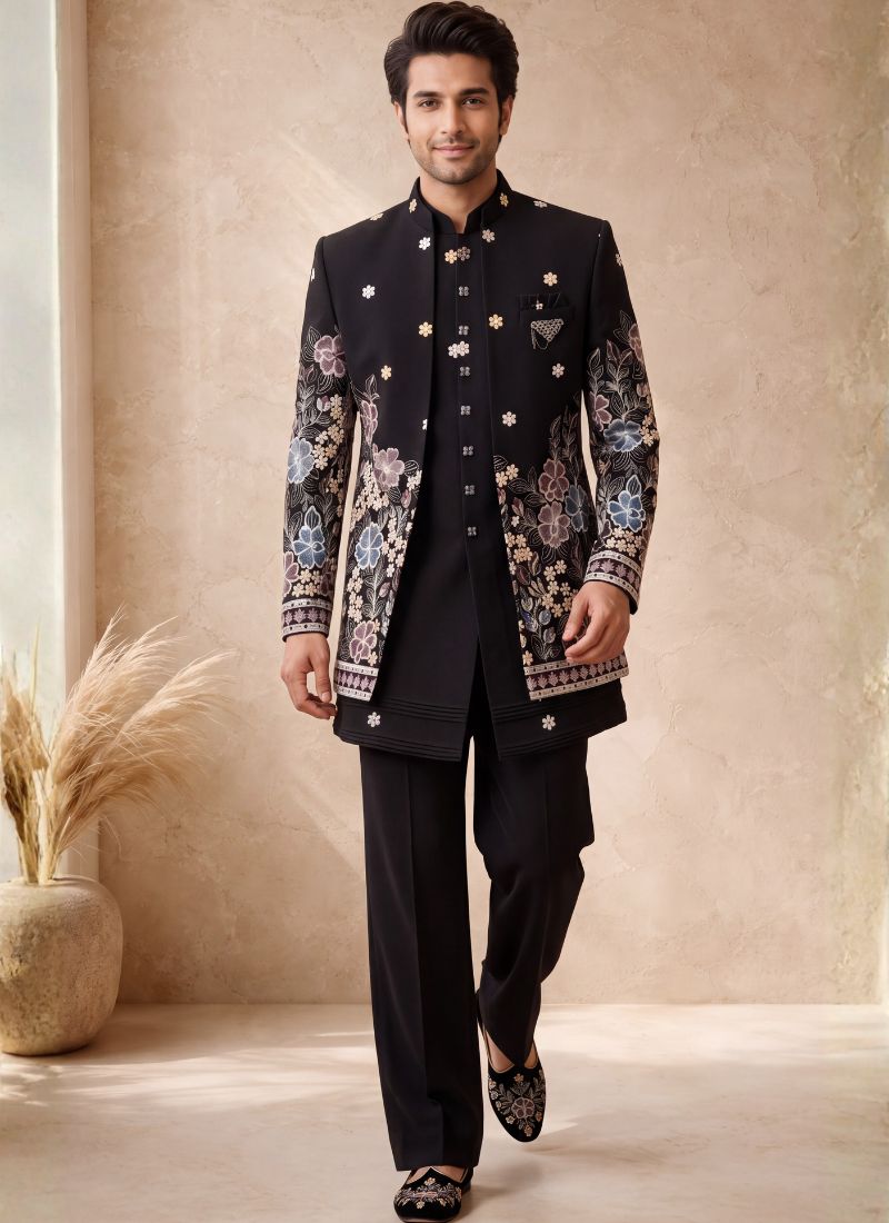 Black Japanese Embroidery Mens Wedding Indo Western