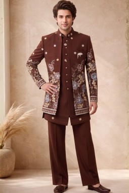 Rust Japanese Embroidery Mens Wedding Indo Western
