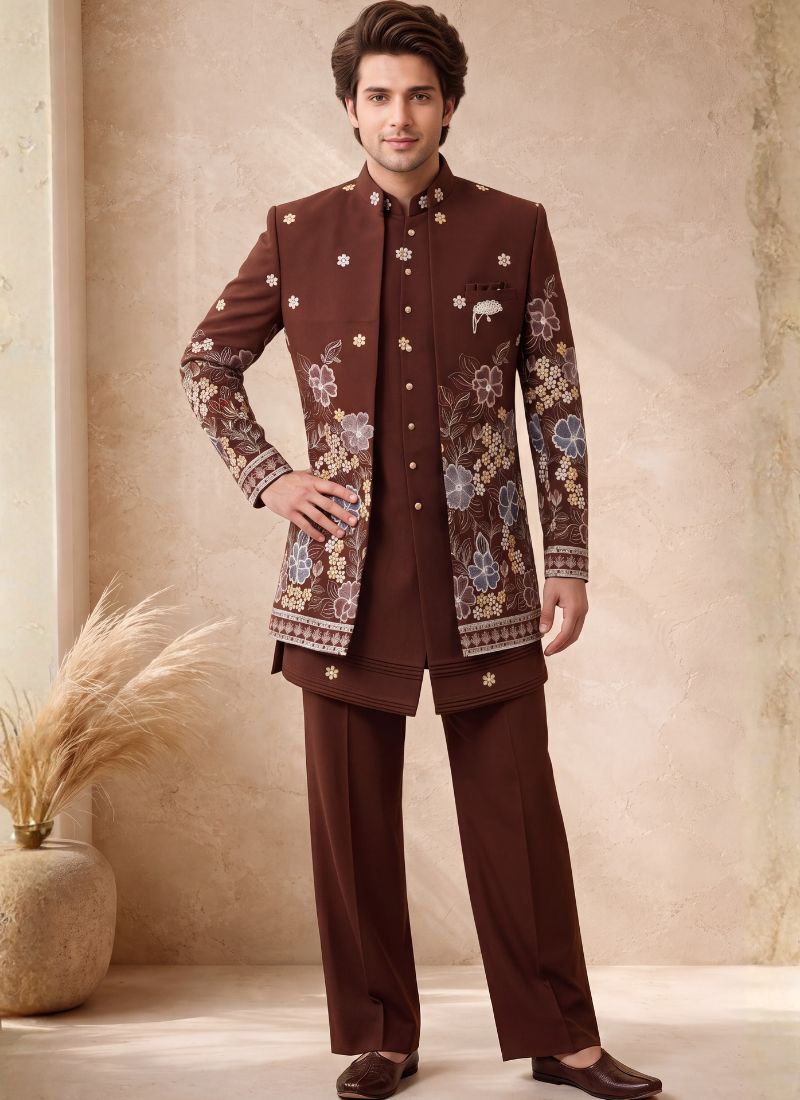 Rust Japanese Embroidery Mens Wedding Indo Western