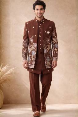 Rust Japanese Embroidery Mens Wedding Indo Western