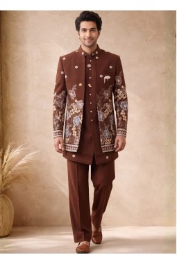 Rust Japanese Embroidery Mens Wedding Indo Western