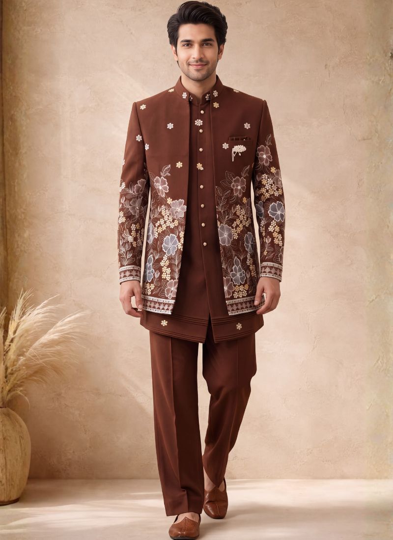 Rust Japanese Embroidery Mens Wedding Indo Western
