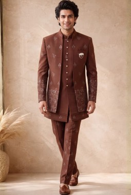 Rust Japanese Embroidery Mens Wedding Indo Western
