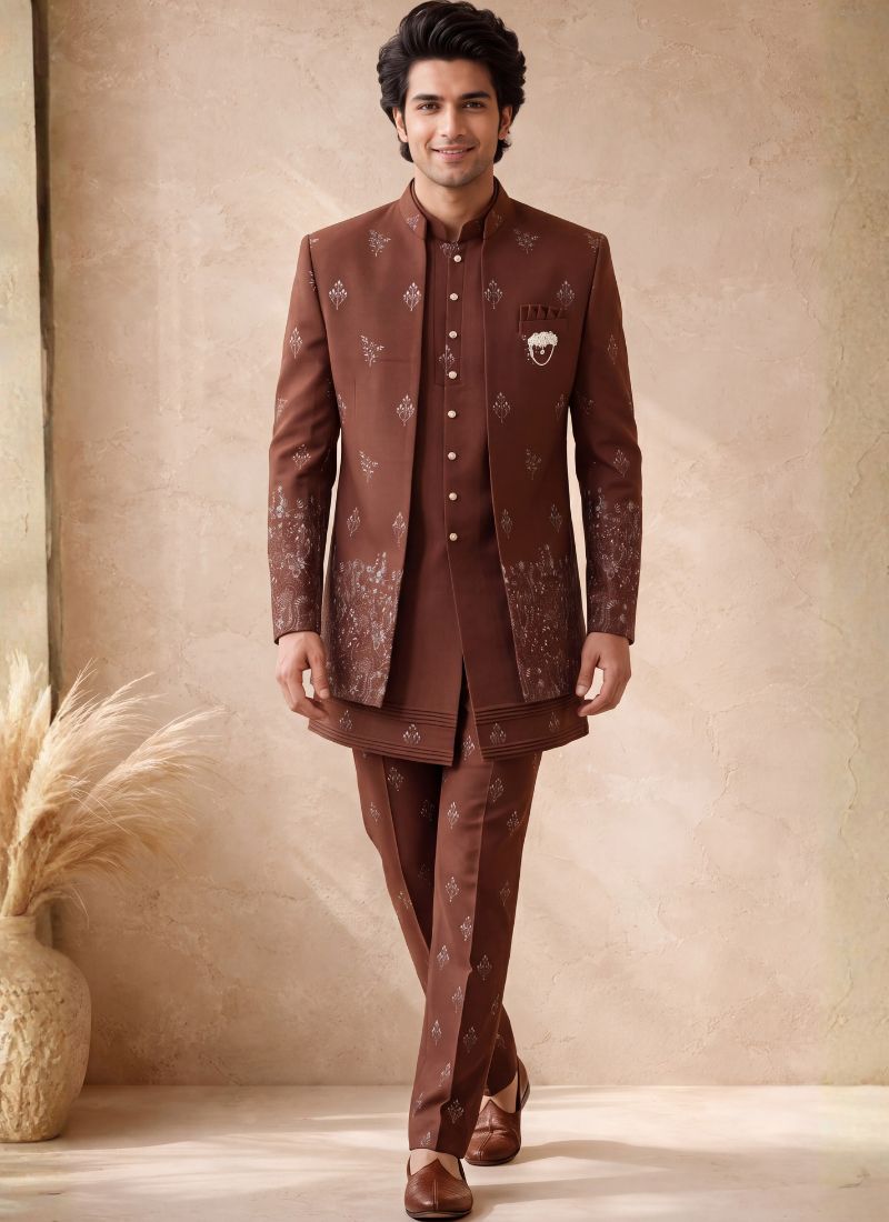 Rust Japanese Embroidery Mens Wedding Indo Western