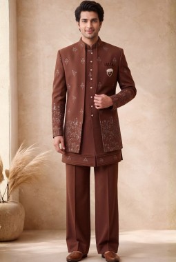 Rust Japanese Embroidery Mens Wedding Indo Western
