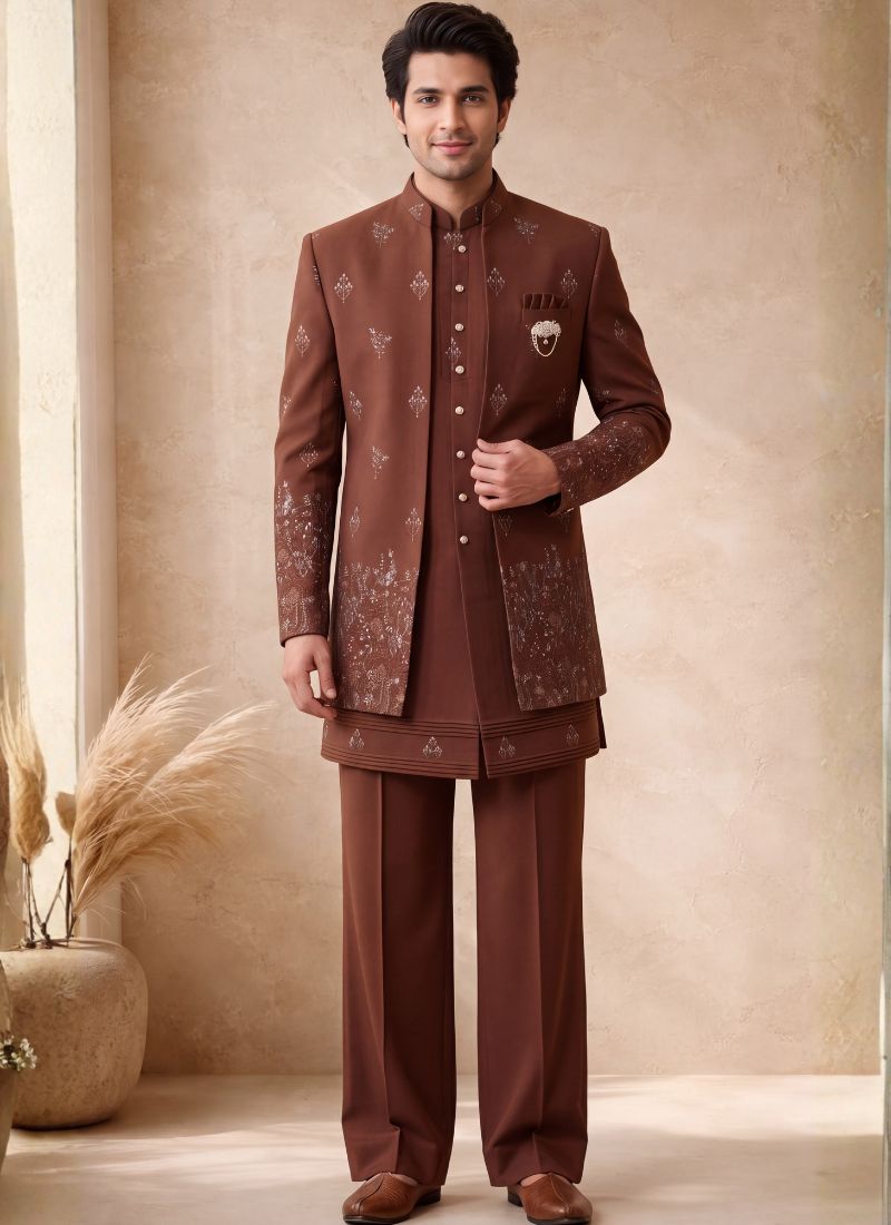 Rust Japanese Embroidery Mens Wedding Indo Western