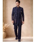 Navy Blue Japanese Embroidery Mens Wedding Indo Western