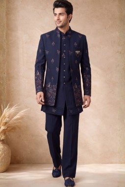 Navy Blue Japanese Embroidery Mens Wedding Indo Western
