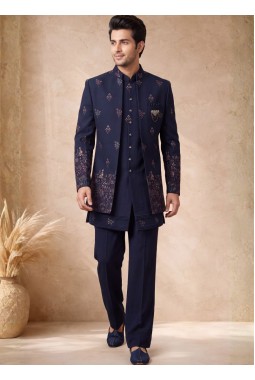 Navy Blue Japanese Embroidery Mens Wedding Indo Western
