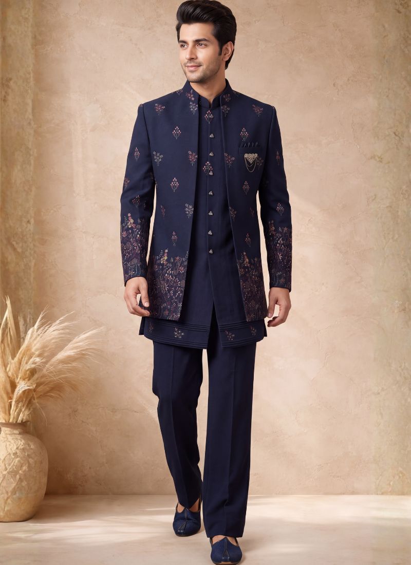 Navy Blue Japanese Embroidery Mens Wedding Indo Western