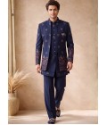 Navy Blue Japanese Embroidery Mens Wedding Indo Western