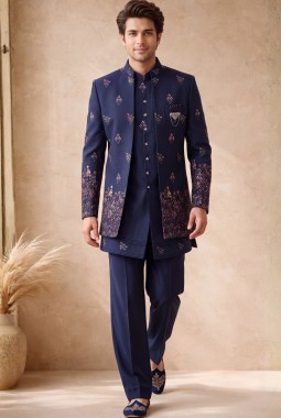 Navy Blue Japanese Embroidery Mens Wedding Indo Western