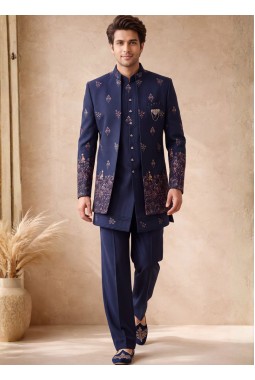 Navy Blue Japanese Embroidery Mens Wedding Indo Western