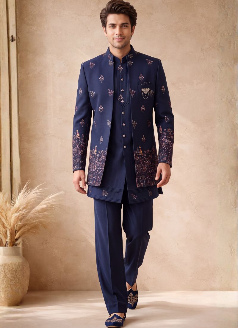 Navy Blue Japanese Embroidery Mens Wedding Indo Western