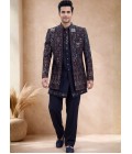 Navy Blue Japanese Embroidery Mens Wedding Indo Western
