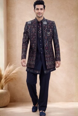 Navy Blue Japanese Embroidery Mens Wedding Indo Western