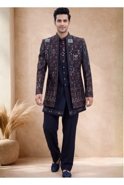 Navy Blue Japanese Embroidery Mens Wedding Indo Western
