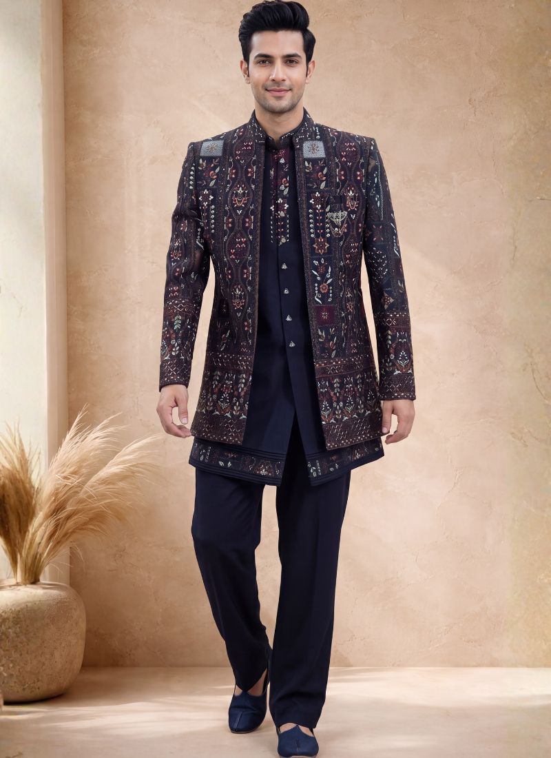 Navy Blue Japanese Embroidery Mens Wedding Indo Western
