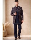 Navy Blue Japanese Embroidery Mens Wedding Indo Western