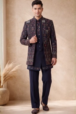 Navy Blue Japanese Embroidery Mens Wedding Indo Western