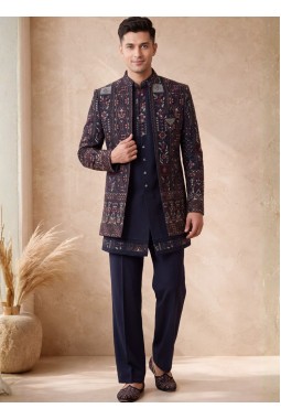 Navy Blue Japanese Embroidery Mens Wedding Indo Western