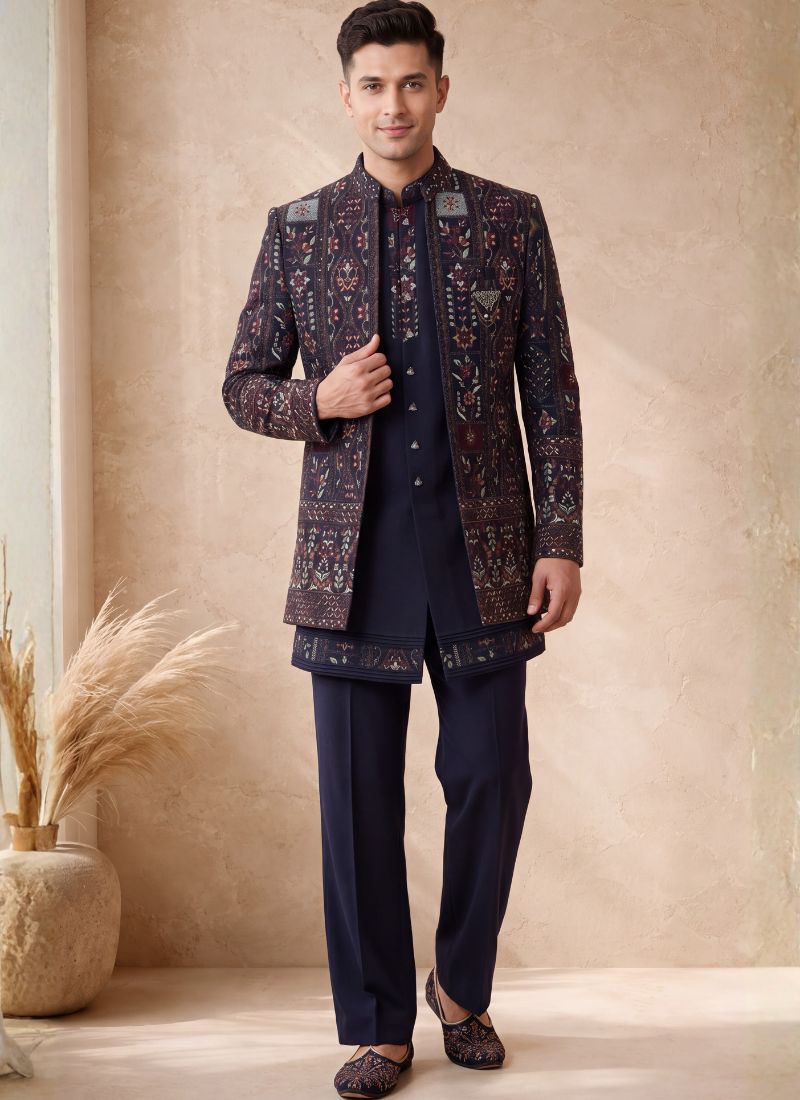 Navy Blue Japanese Embroidery Mens Wedding Indo Western