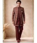 Rust Velvet Embroidery Mens Wedding Indo Western
