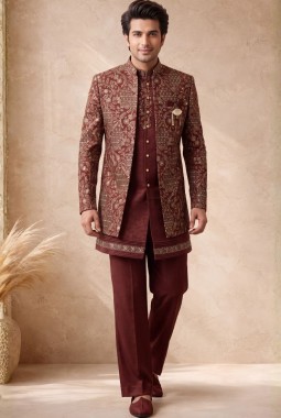 Rust Velvet Embroidery Mens Wedding Indo Western