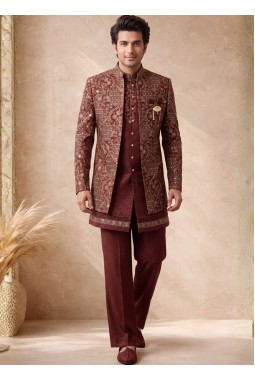 Rust Velvet Embroidery Mens Wedding Indo Western