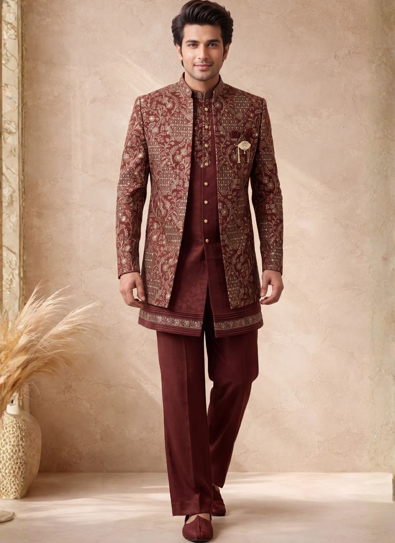 Rust Velvet Embroidery Mens Wedding Indo Western