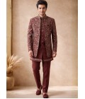 Rust Velvet Embroidery Mens Wedding Indo Western
