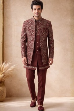 Rust Velvet Embroidery Mens Wedding Indo Western