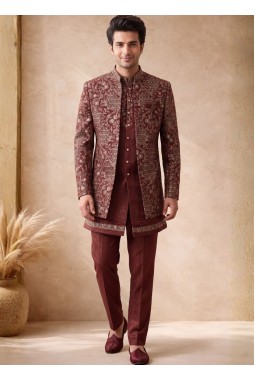 Rust Velvet Embroidery Mens Wedding Indo Western