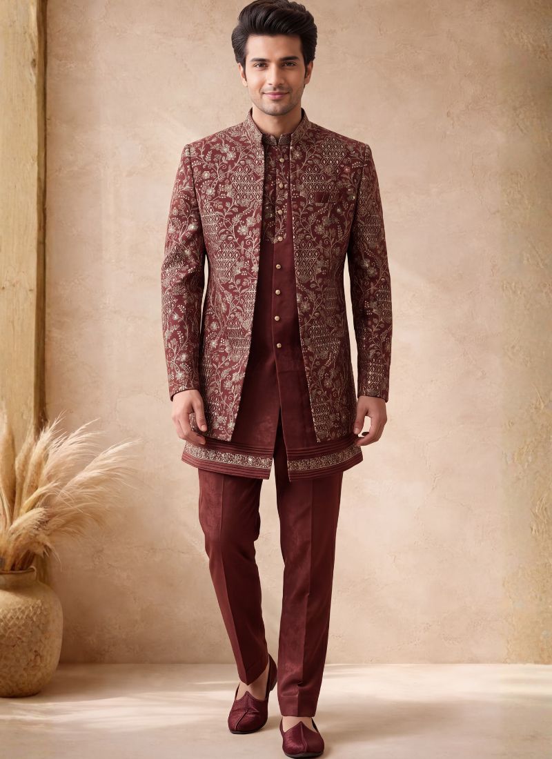 Rust Velvet Embroidery Mens Wedding Indo Western