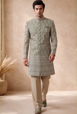 Pista Art Silk Embroidery Mens Wedding Indo Western