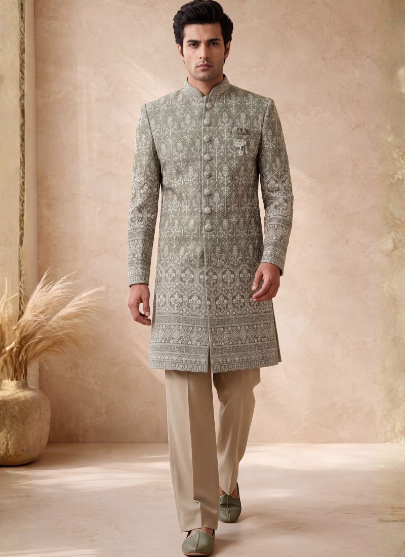 Pista Art Silk Embroidery Mens Wedding Indo Western