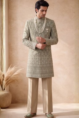Pista Art Silk Embroidery Mens Wedding Indo Western