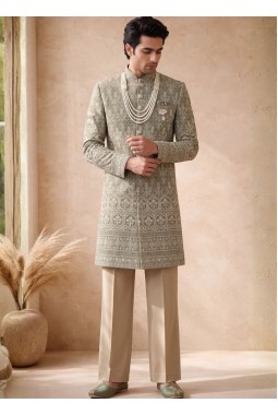 Pista Art Silk Embroidery Mens Wedding Indo Western