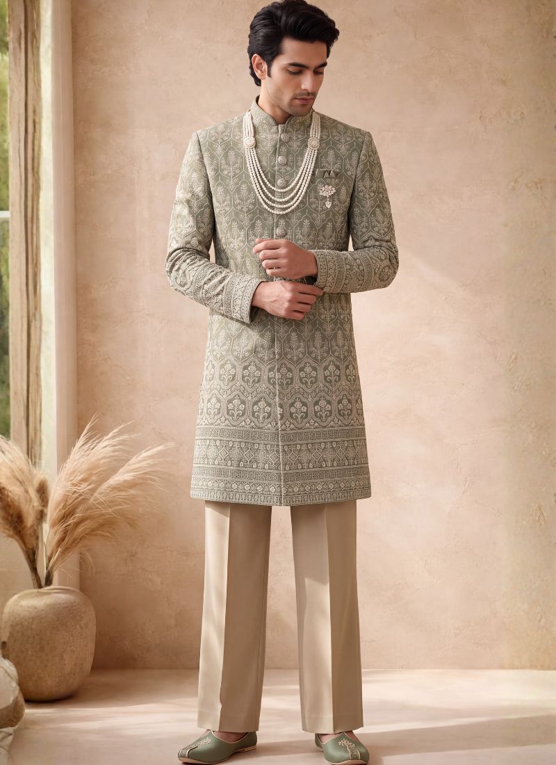 Pista Art Silk Embroidery Mens Wedding Indo Western