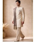 Beige Japanese Embroidery Mens Wedding Indo Western