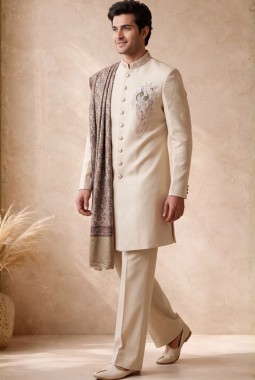 Beige Japanese Embroidery Mens Wedding Indo Western