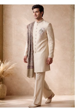 Beige Japanese Embroidery Mens Wedding Indo Western