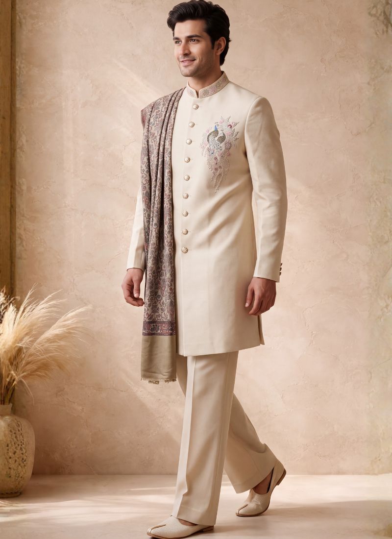 Beige Japanese Embroidery Mens Wedding Indo Western