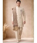 Beige Japanese Embroidery Mens Wedding Indo Western