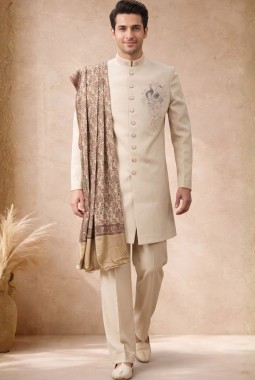 Beige Japanese Embroidery Mens Wedding Indo Western